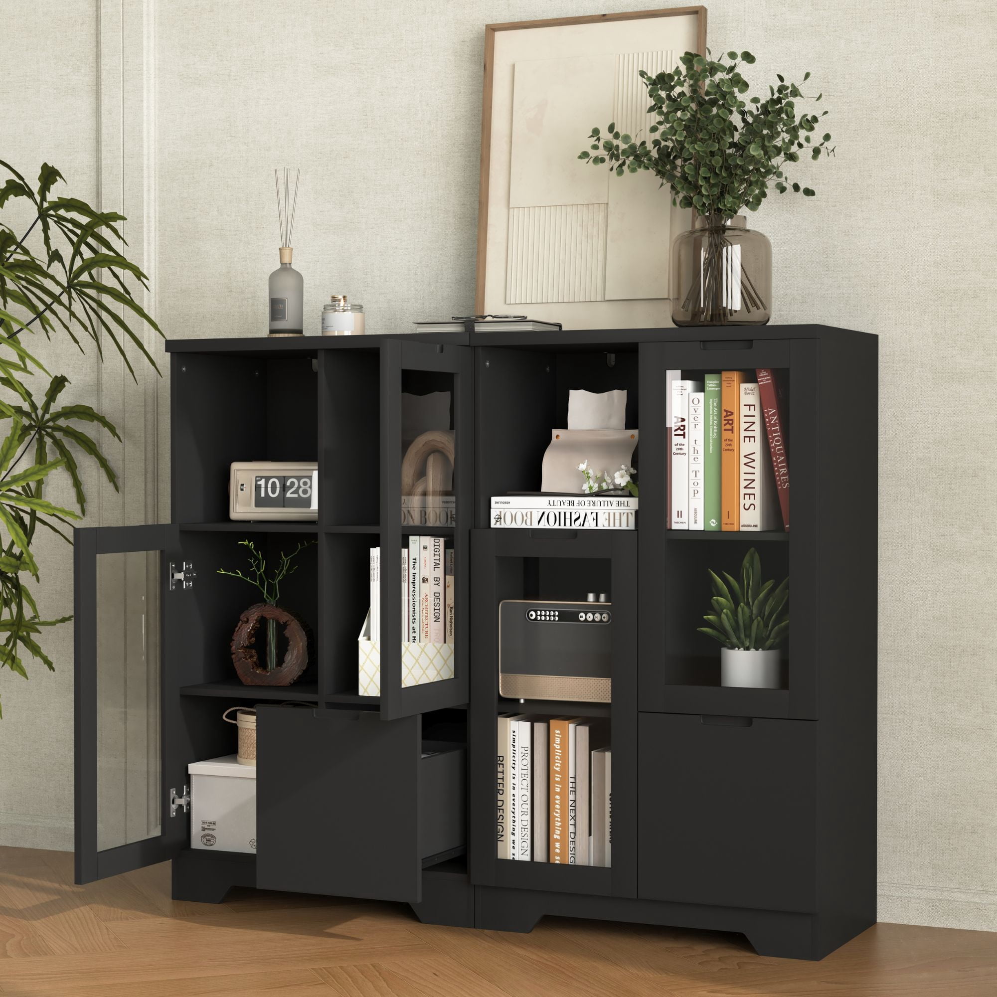 Noble House Storage Cabinet with Glass Doors and Drawer, Adjustable Shelves, Black