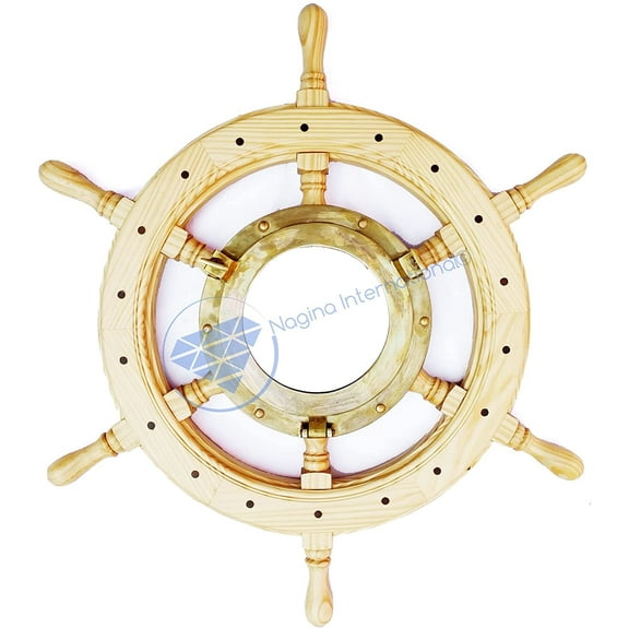 Nagina International 26" Premium Heavy Nautical Ship Wheel with Antique Brass Mirror - Home Décor