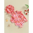 thumbnail image 3 of Toddler Baby Girls One Piece Swimsuits Kids Girls Long Sleeve Ruffle Zipper Floral Print Jumpsuit with Hat Rash Guard Beach Bathing Suit 0-3Y, 3 of 9