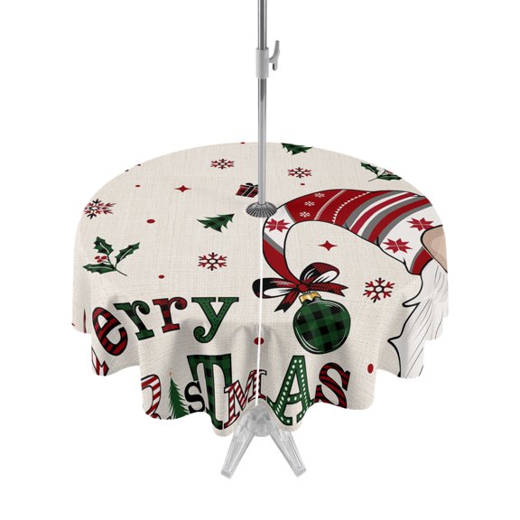Outdoor Table Cloth with Umbrella Hole and Zipper, Christmas Waterproof Round Tablecloth 60 Inch, Rustic Gnomes Country Plaid Checkered Washable Table Cover for Outside Party Patio Picnic