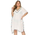 thumbnail image 6 of Owlce plus size boho dress for women casual summer floral print tassels 3/4 sleeve V-neck babydoll short beach dress (XX-large, white), 6 of 9