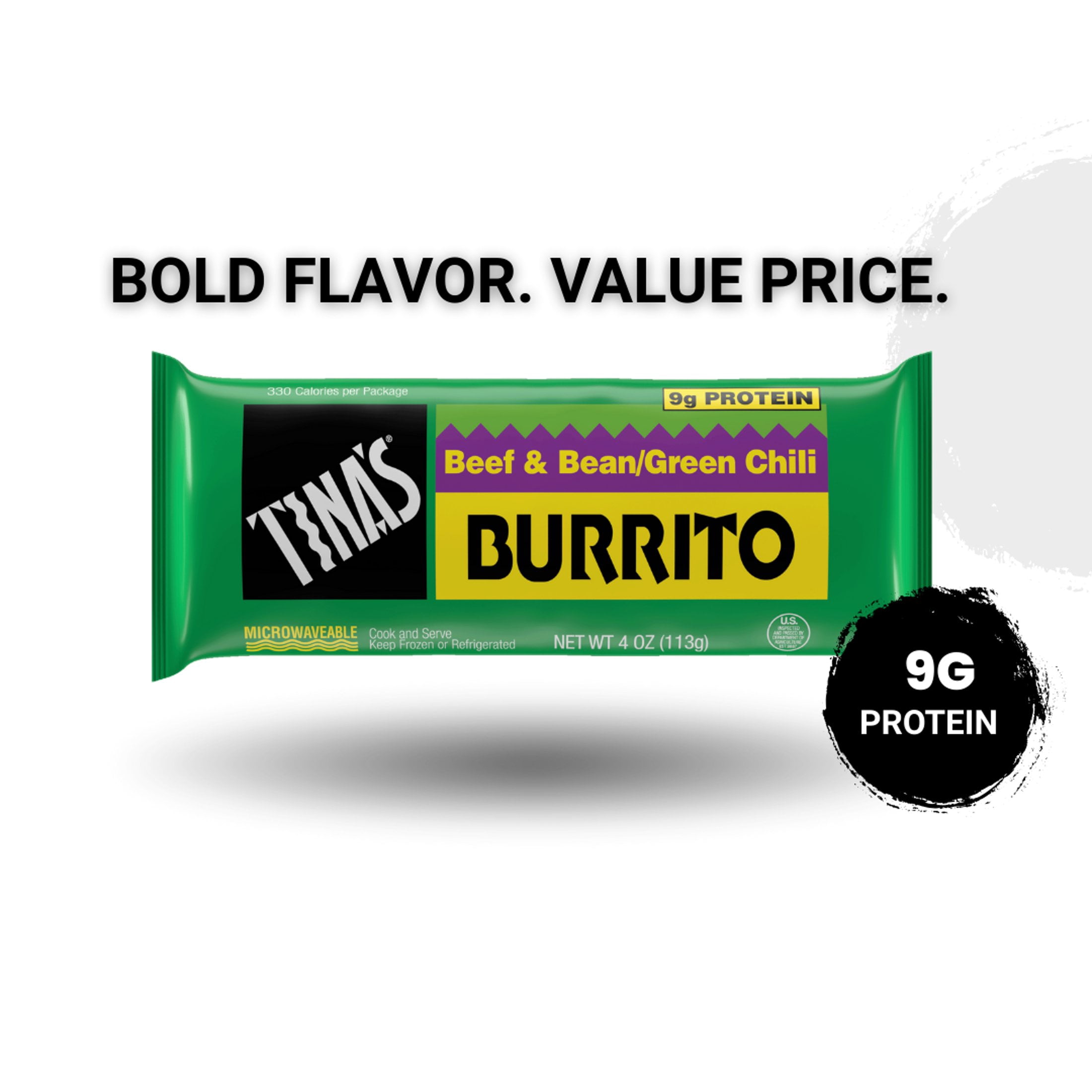 Tina’s Frozen Beef & Bean Green Chili Burrito, 9g Protein, 4 oz