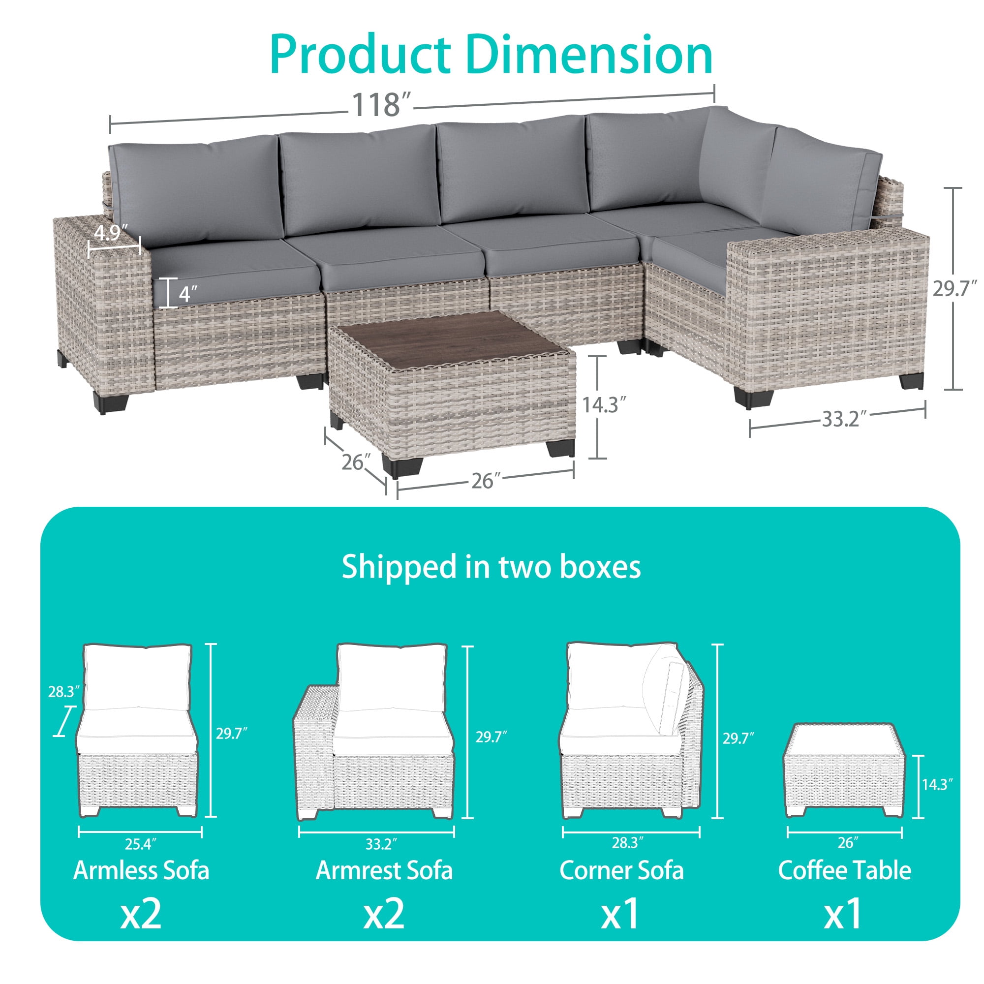 Sweecci 6 Piece Outdoor Patio Furniture Set, Ergonomic Wicker Patio Sectional Sofa with Stable Feet, 4" Cushions Conversation Set with Wood Table for Backyard Garden Deck,Grey