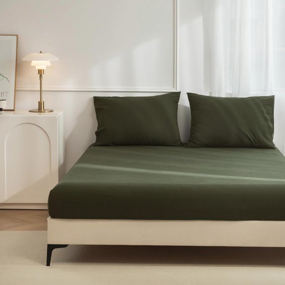 100% Washed Cotton 3 Pieces Queen Fitted Sheet Set,Linen Like Cozy Soft & Breathable, Deep Pocket Fitted Sheet (Fits Mattress up to 17") + 2 Pilowcases, Olive Green