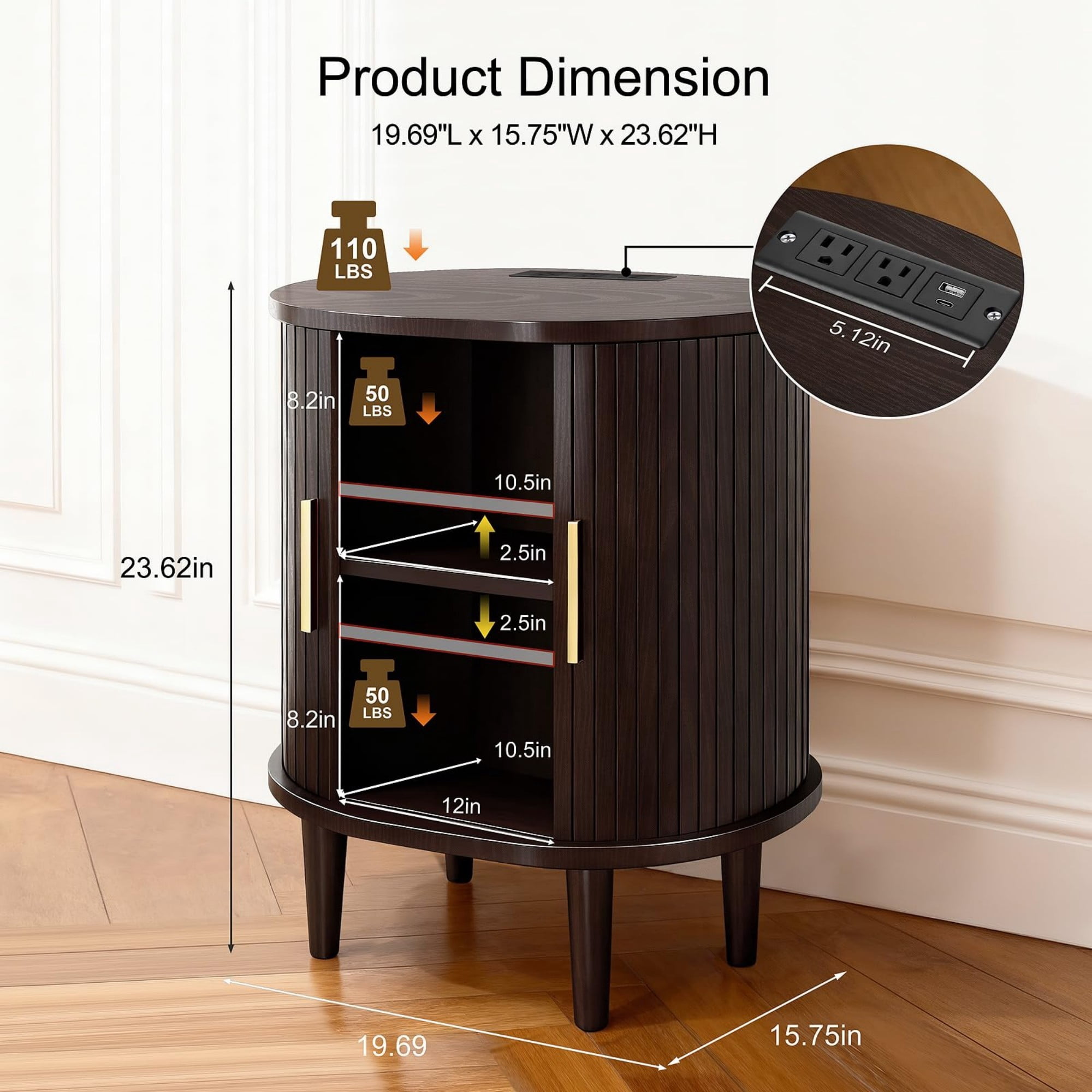 Mid Century Modern Nightstand with Charging Station, Fluted Side Table with Sliding Door & Adjustable Shelf, Coffee