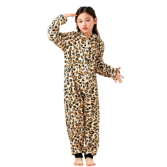 Ruyang Kids Leopard Hooded Jumpsuit Full Zip Long Sleeve Onesie Halloween Animal Theme Party Outfit for Girls 3-8 Years