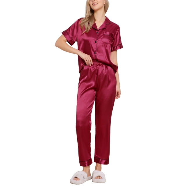 Conjunto de pijama de 2 piezas para mujer INSPIRE CHIC, camisa de dormir con botones y pantalones, ropa de noche, color rojo