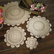 QUEENTRADE Small Handmade Crochet Lace Cotton Doily Coasters Round Table Placemats Doilies Decoration 4pcs 9.8"-Beige