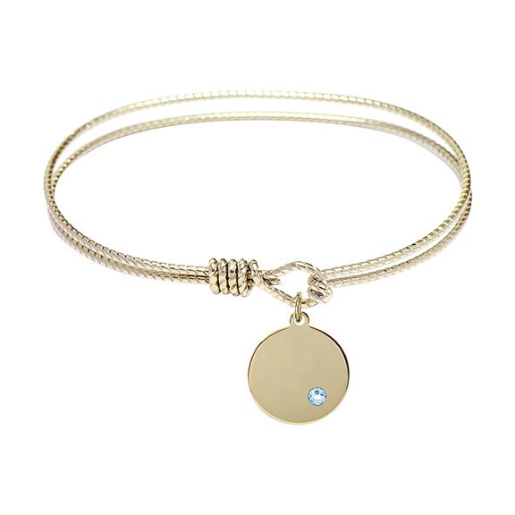7 1/4 inch Oval Eye Hook Bangle Bracelet w/ Plain Disc medal charm w/ March Blue Swarovski Crystal
