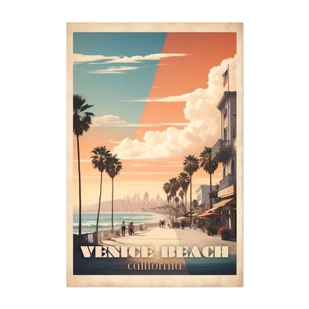 Venice Beach Vintage Travel Poster - Coastal Nostalgia Art - Los Angeles California Illustration Unframed Wall Art Print 5 x 7 inches