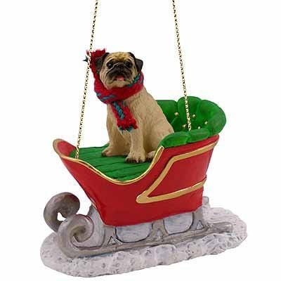 Pug Christmas Ornament - Fawn Chinese Pug Dog in Sleigh Christmas Ornament New