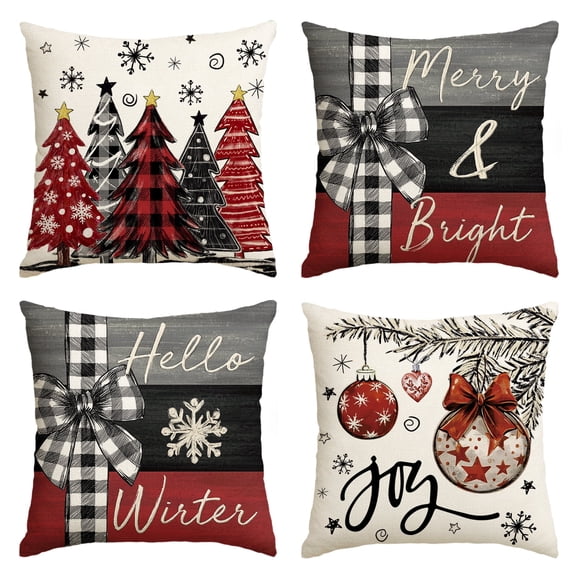 Sm:)e Merry Bright Hello Winter Christmas Trees Pillow Covers 18 x 18 Inch Set of 4, Xmas Holiday Outdoor Cushion Case for Sofa Couch