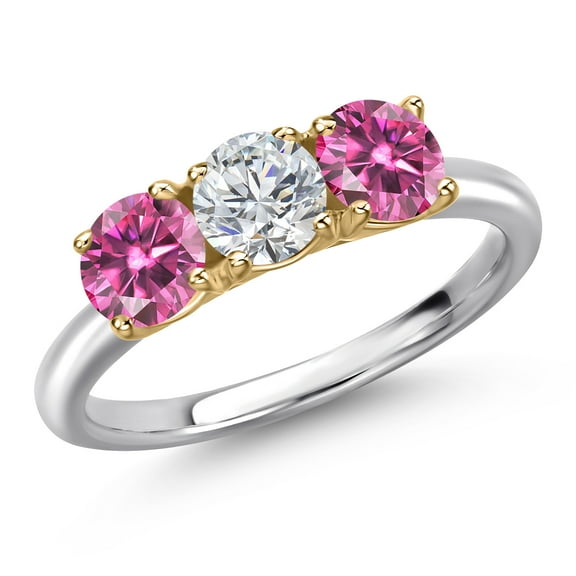 Gem Stone King 10K Two Tone Gold Lab Grown Diamond and Pink Moissanite Engagement Ring for Women | 1.50 Cttw | Round 5MM | Gemstone April Birthstone | Size 8
