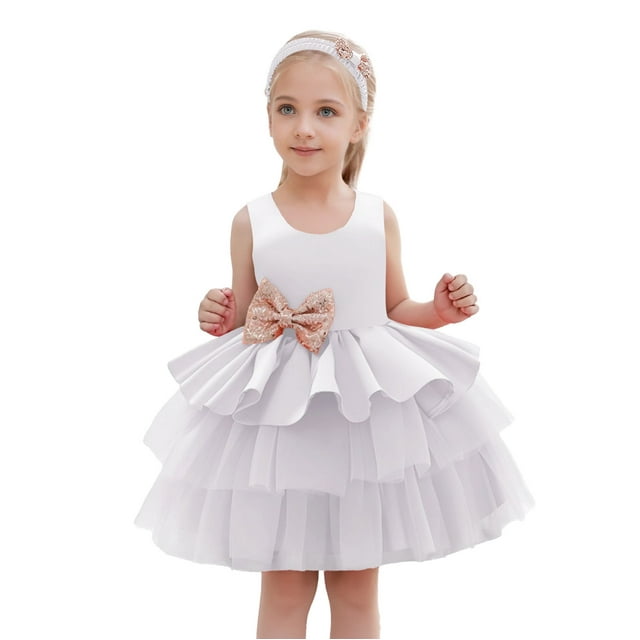 Robes Décontractées pour Tout-Petites Filles, Couleur Unie, Nœud, Col Rond, Sans Manches, Robe de Premier Anniversaire, Tenue de Sport, Blanc, 3-4 Ans