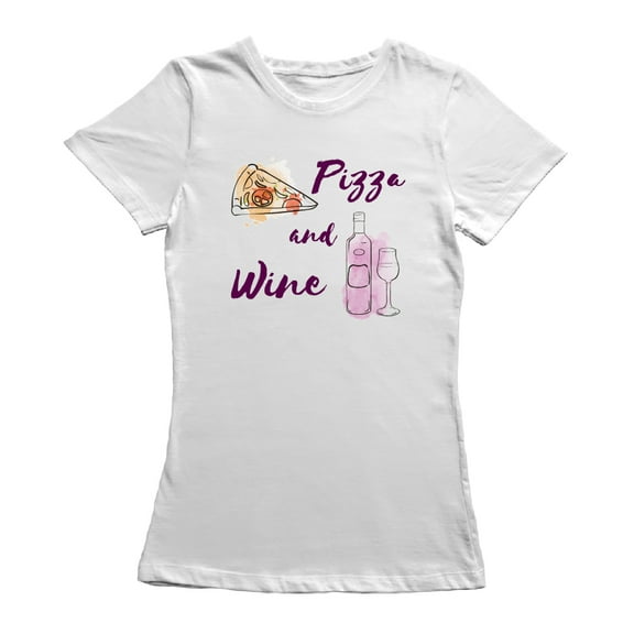 Watercolor Pizza and Wine Graphic Women White T-Shirt, Female x-Large