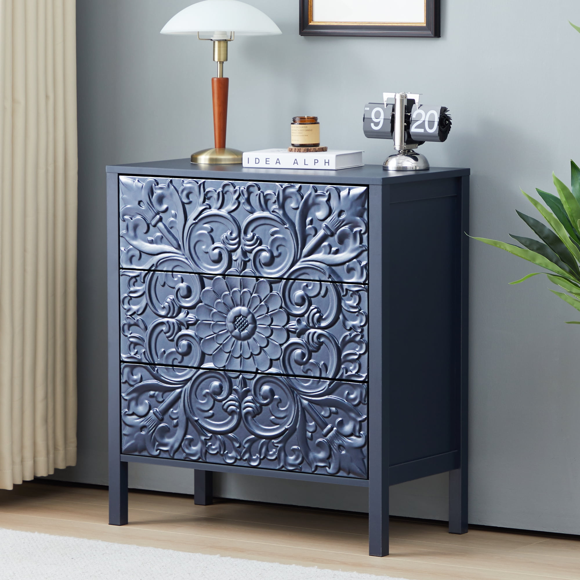 Wirrytor 3 Drawer Dresser for bedroom, Modern Chest of Drawers with Handles, Accent Wood Storage Cabinet for Bedroom, Living Room and Kitchen (Blue 3-Drawers-1)