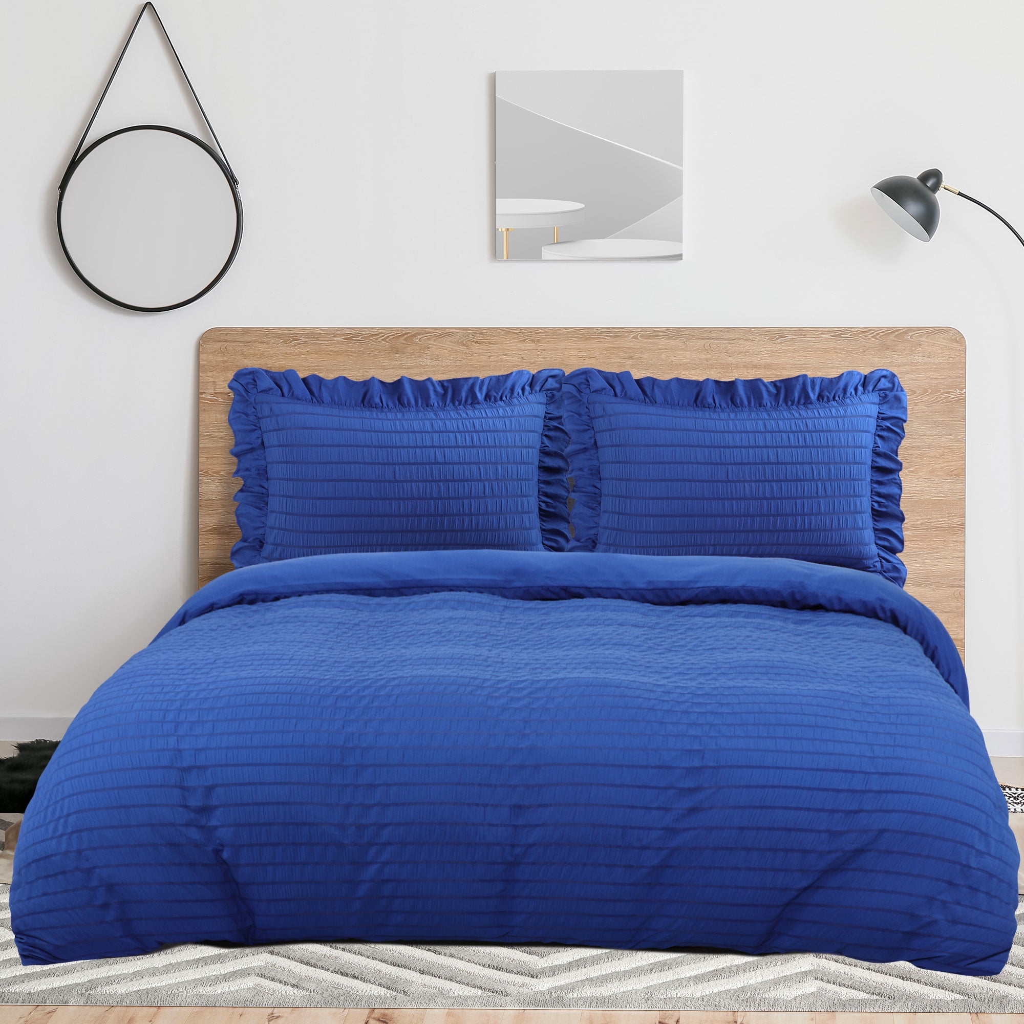 PiccoCasa Soft Microfiber 3 Pieces Queen Seersucker Adult Duvet Cover Set Royal Blue