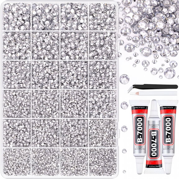 DESIGNICE 32000Pcs Resin Rhinestones for Bedazzling, Silver Clear Flatback Gems for Diamond Art, Crystal Bedazzler Kit with 3Pcs 10ml Jewelry Glue for Nail Art Crafting Clothing Book Makeup