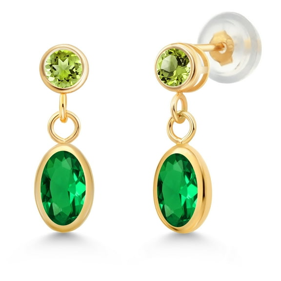 Gem Stone King 14K Yellow Gold Green Nano Emerald and Green Peridot Drop Dangle Earrings for Women (1.04 Cttw, Gemstone Birthstone, Oval 6X4MM, Round 3MM)