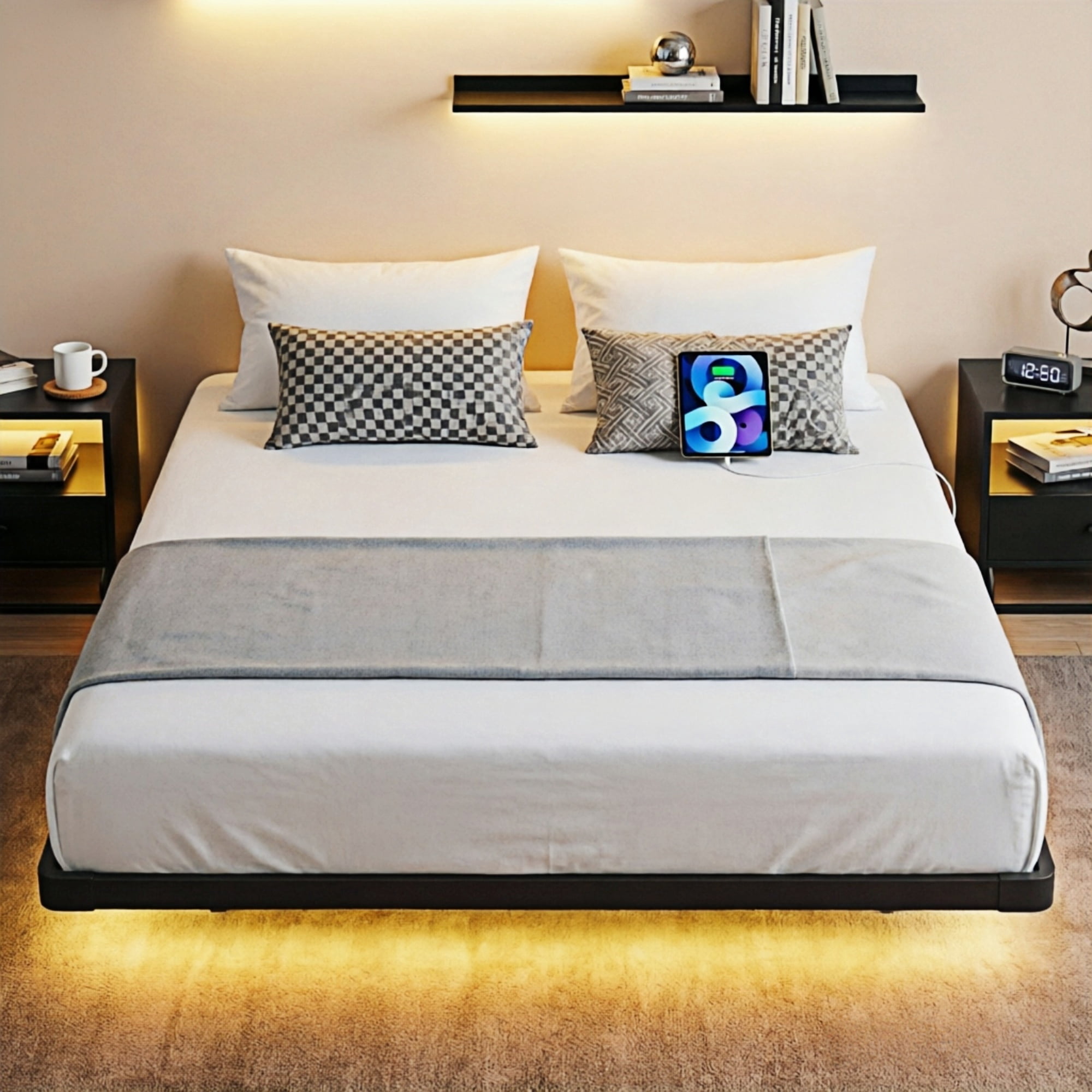 Dayago Minimalist Floating Queen Bed Frame with LED Lights and Charging Station, Sturdy Platform Design