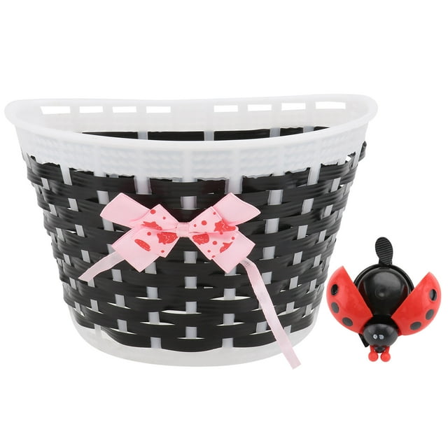 EeaseMX Bicicleta Scooter Cesta Niños Bicicleta Cesta Plástico Hecho punto Nudo del arco Frente Bolso hecho a mano (Pequeño, Cesta negra, Color aleatorio Coche Campana)