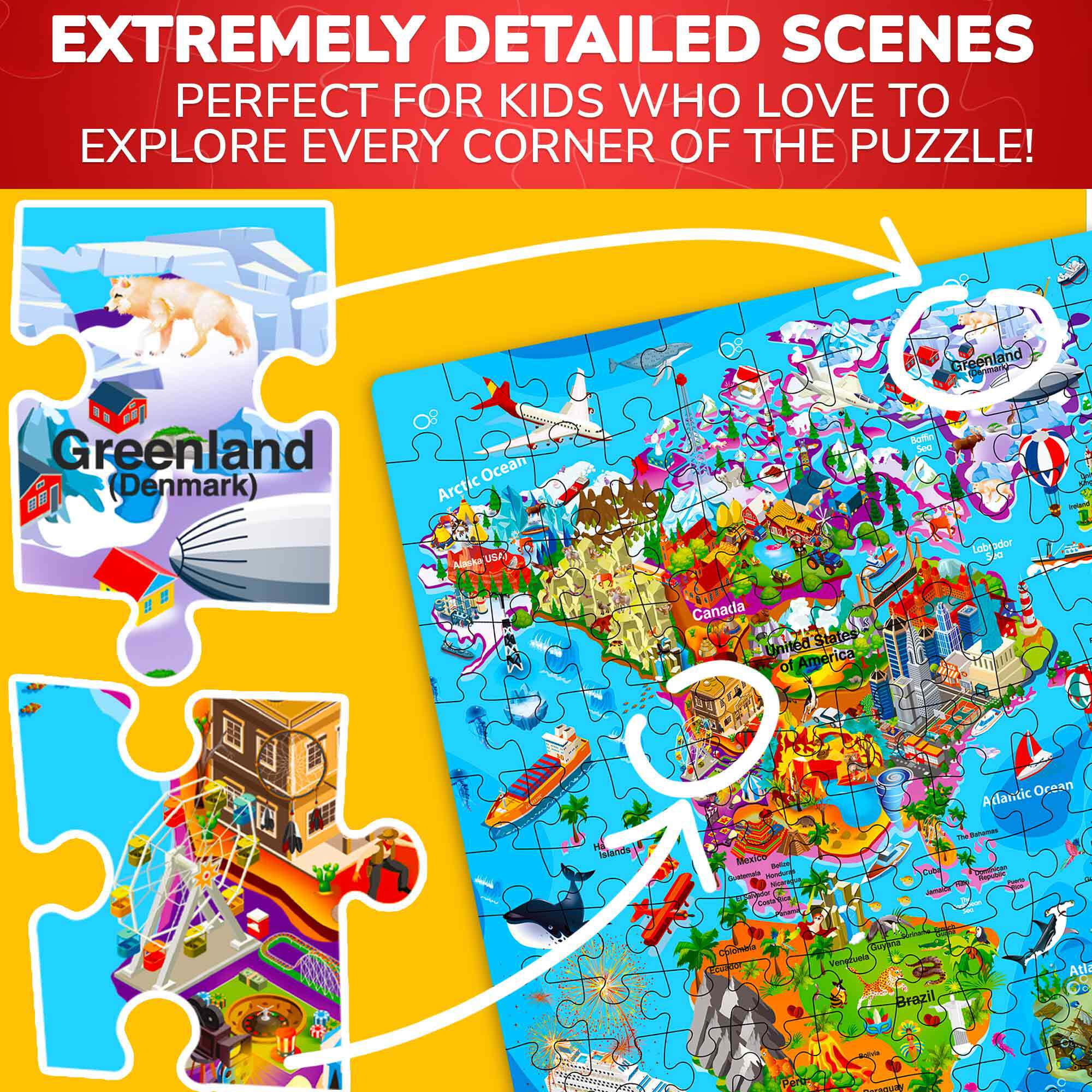 Quokka 300-Piece Child Geography Space USA Map Puzzles - 3X Set Floor Jigsaw Puzzles Large Pieces