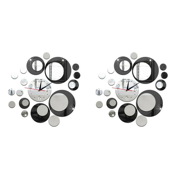 2pcs Black and Silver Circle 3D Crystal Mirror Wall Clock Acrylic Mirror Wall Sticker Clock Home Decor
