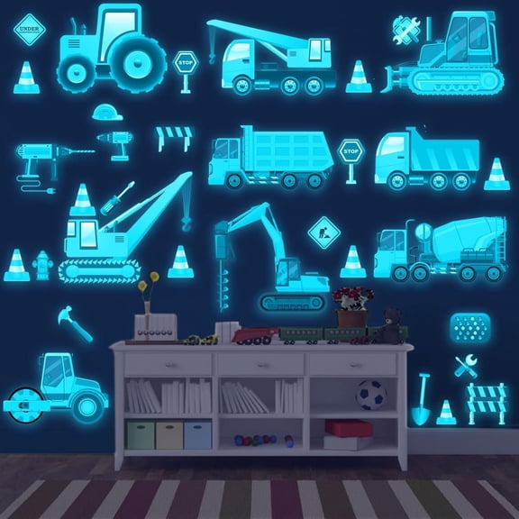 ReedCA Glow in the Dark Construction Wall Stickers, 3 Sheets, Truck Room Decals