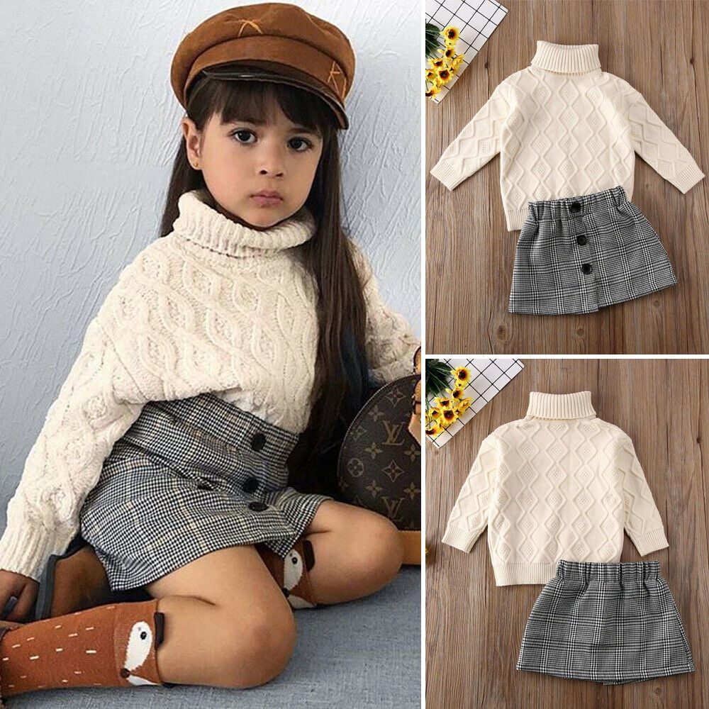 WIFORNT Kids Baby Girls Clothes Outfit Solid Knitted Turtleneck Sweater Top Plaid Button Short Skirt Walmart