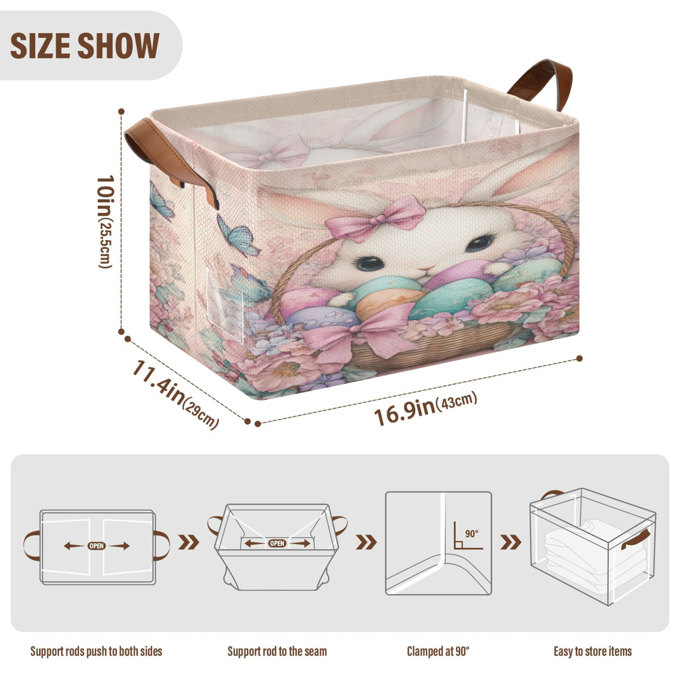 WobogoAdorable Easter Bunny Storage Basket 16.9×11.4×10in Collapsible Oversized with Metal Iron Frame