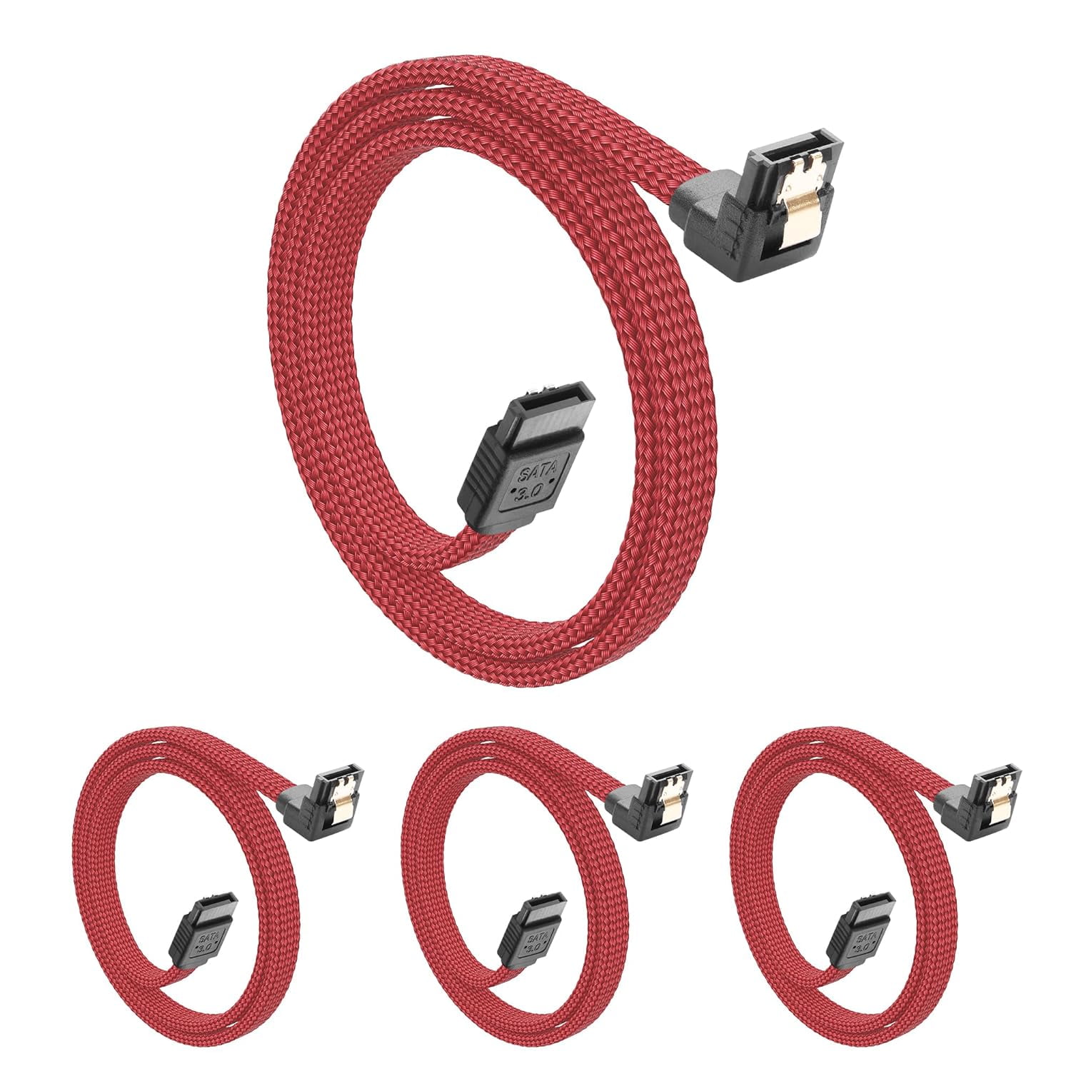 HRTGFD-4 Pack SATA III Cable 20 Inch 6Gbps SATA 3.0 90 Degree Right Angle with Locking Latch for HDD SSD CD Driver CD Writer (Red)