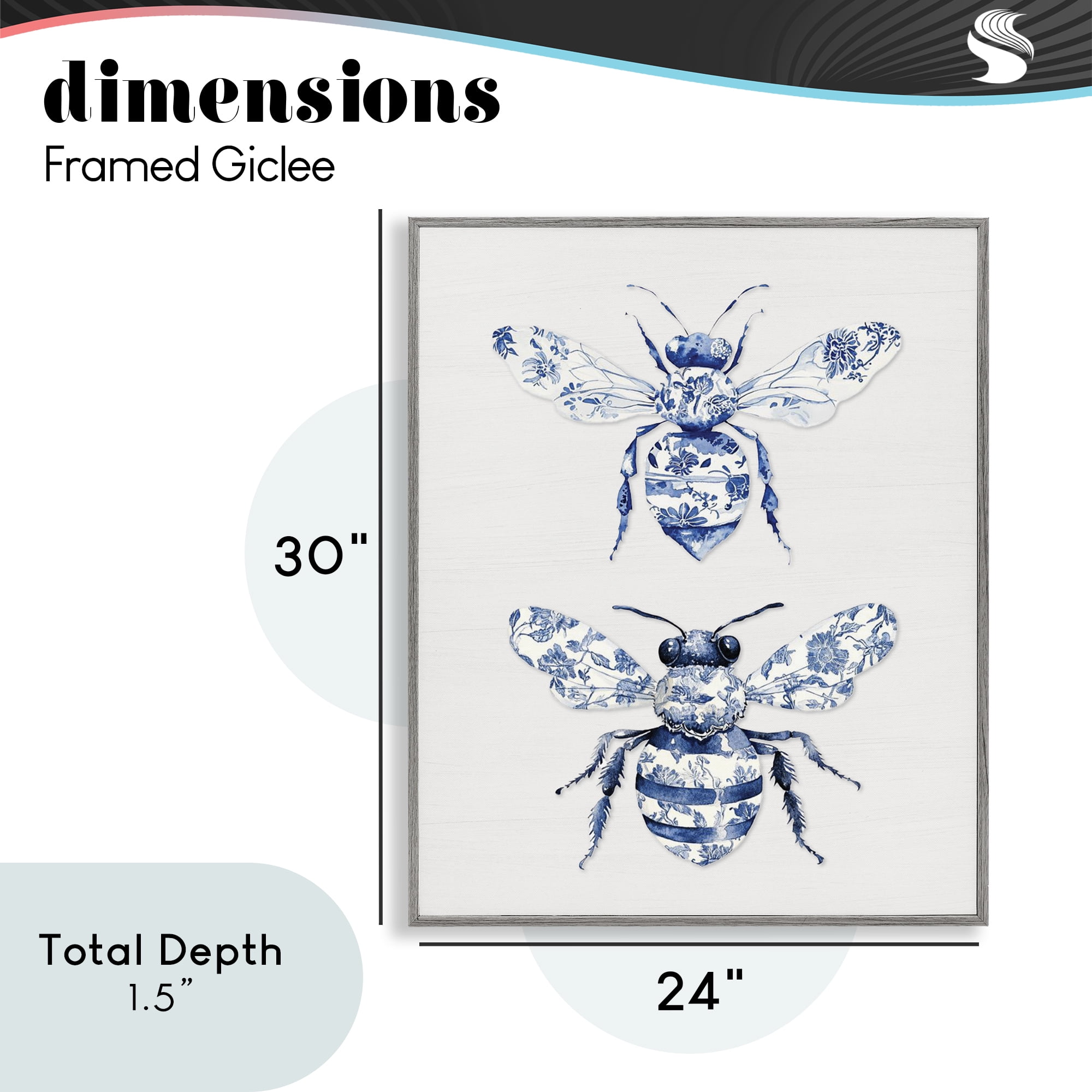 Toile Patterned Bees Gray Framed Giclee Art, design by Lettered and Lined