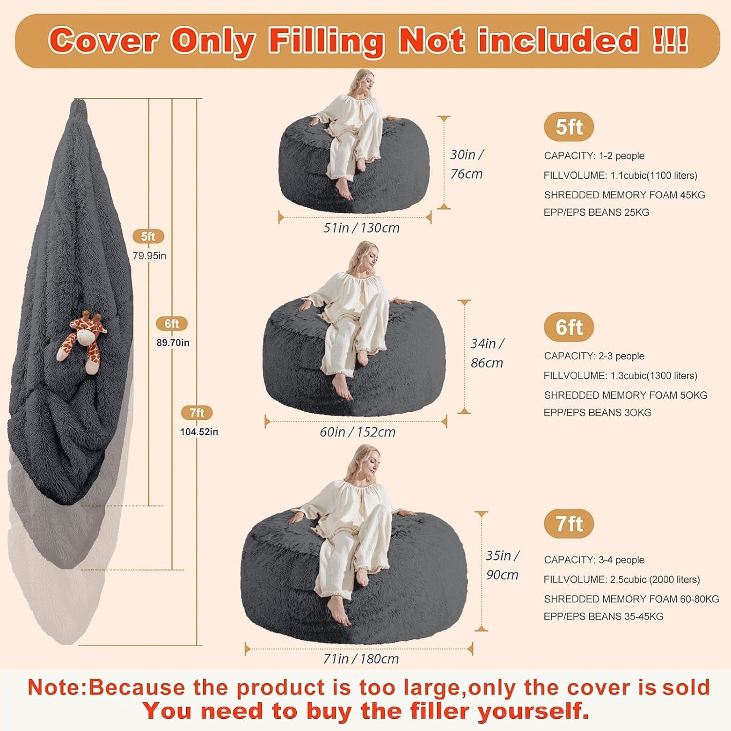 RAINBEAN Large Bean Bag Chair Cover, Plush Bean Bags Chairs Cover Only Without Filler Included, Beanbag Chairs for Adults, Teens, Kids, Dark Gray 5FT