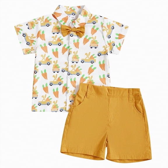 kpoplk Toddler Baby Boy Easter Outfit Short Sleeve Button Down Shirt Elastic Waist Shorts Set Infant Boy Easter Clothes Size 18-24 Months,Yellow