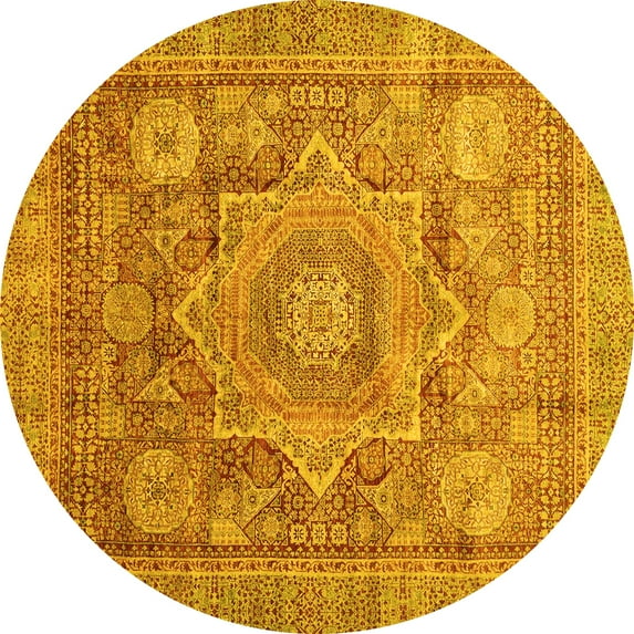 Ahgly Company Machine Washable Indoor Round Abstract Yellow Modern Area Rugs, 3' Round