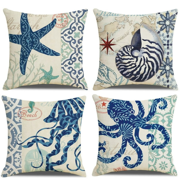 4 Pack Beach Throw Pillow Covers Decorative Ocean Coastal Theme Pillow