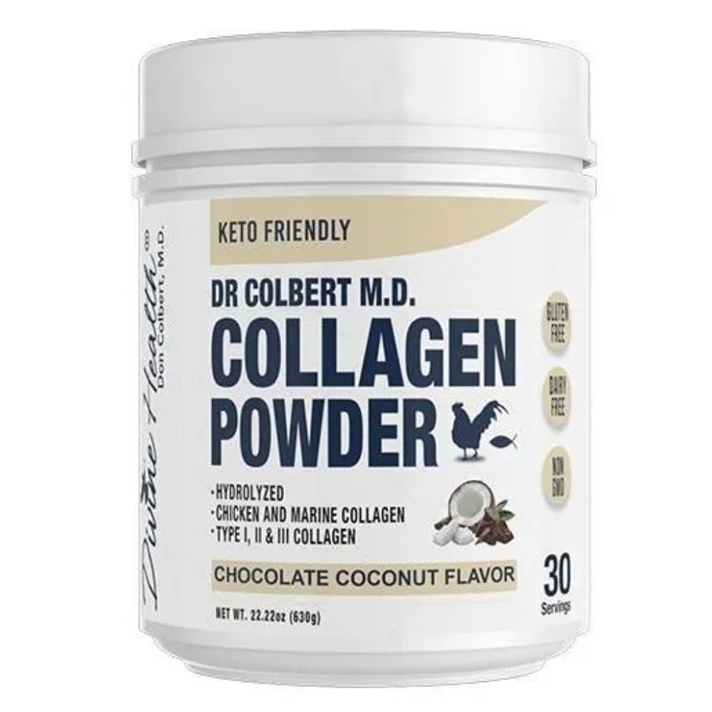 Dr. Colbert, MD Hydrolyzed Collagen Powder | Chocolate Coconut Flavor | by Divine Health | Type I, II, III Collagen | Support Healthy Hair, Skin, Nails and Joints | Keto Zone | 630g | 30 Servings