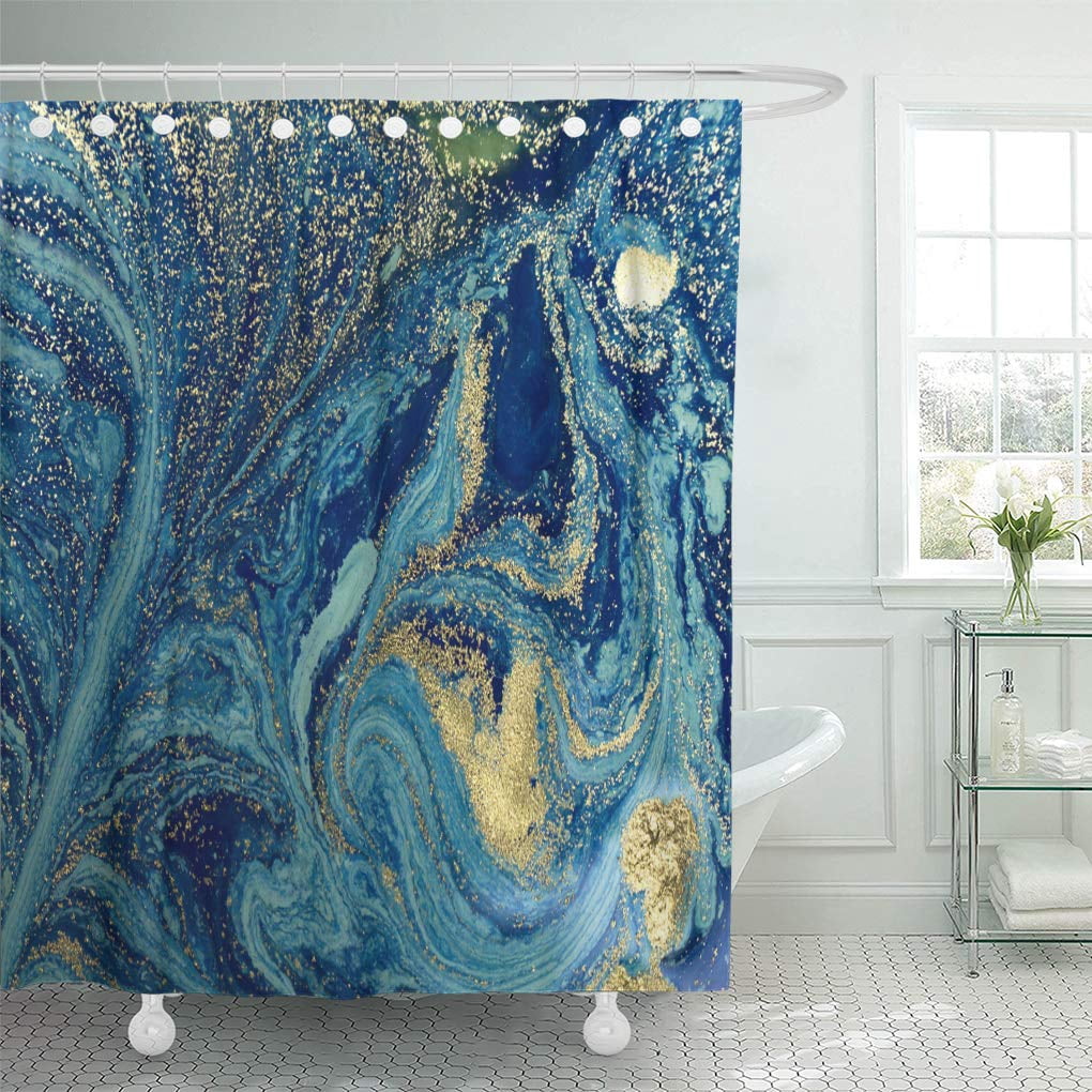 SUTTOM Green Ink Marbled Blue and Golden Abstract Liquid Marble Shower