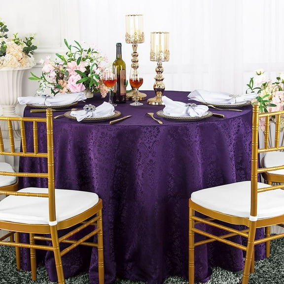 Wedding Linens Inc. 90" Round Marquis Damask Jacquard Polyester Linen Tablecloth Table Covers with Seamless Design - Eggplant / Dark Purple