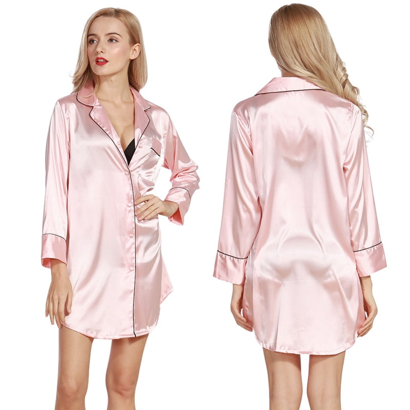 Silk Satin Nightgown Button Down Nightshirt Long Sleeve Pajama Top Boyfriend Sleepshirt Nightdress for Women 