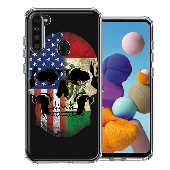 MUNDAZE For Samsung A21 US Mexico Flag Skull Double Layer Phone Case Cover