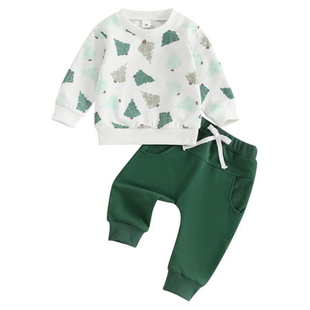 

Suealasg Christmas Toddler Baby Boys Outfit Long Sleeve Christmas Tree Print Sweatshirts Long Pants 6M 1T 2T 3T Kids Boys 2Pcs Fall Winter Clothes