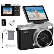 TIKBBRMG 4K Digital Camera, 64MP Cameras for Photography with 16X Digital Zoom, Autofocus Vlogging Camera, Compact Travel Camera with 180° Flip Screen, Fill Light, 32GB TF Card for Teens Beginner