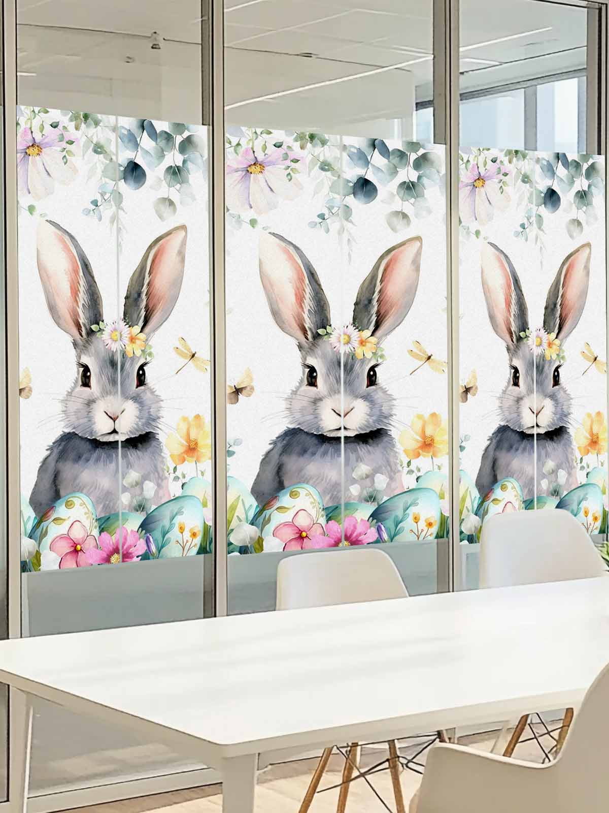 Easter Window Privacy Film, Watercolors Rabbits Flowers Eucalyptus Leaves Plants Frosted Glass Window Clings Static Cling UV Heat Blocking Reusable Door Sticker for Bathroom 23.6 x 59 Inch