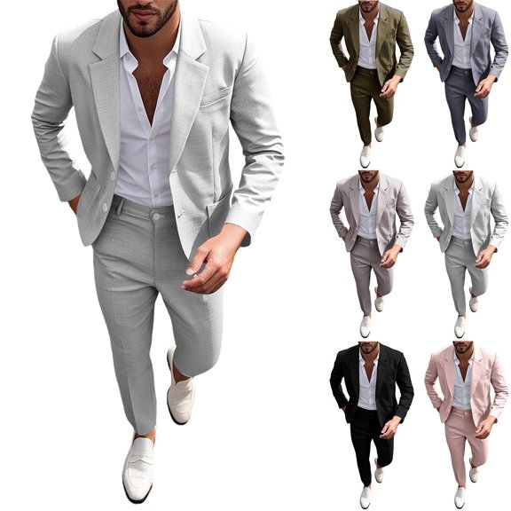 Jerdar Men's 2 PC Suit Set Lapel Blazer Jacket & Dress Pants Solid Color Polyester Spring Summer Slim Fit Business Wedding Party Formal Dinner Casual Suit Outfit
