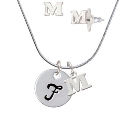Large Script Letter – F – 3/4 Disc – – M Initial Charm Necklace and Stud Earrings Jewelry Set