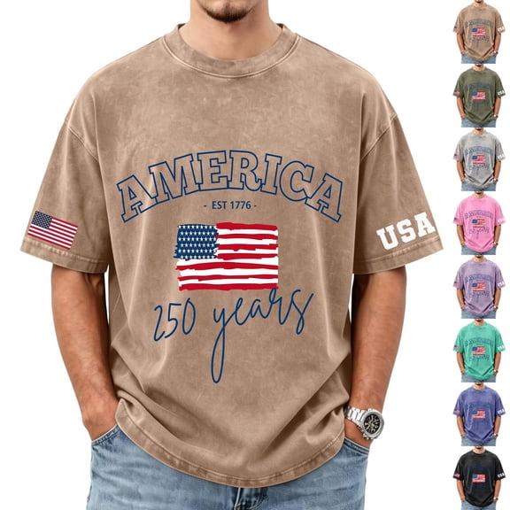 Youpwaven Men's 250th Anniversary USA T-Shirt, Vintage Washed America Graphic Tee, Relaxed Fit 1776-2026 Short Sleeve Patriotic Top