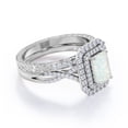 thumbnail image 3 of JeenMata Dual Halo Twisted Pave Set - 2 Carat Emerald Cut Genuine Fiery Opal and Moissanite - Edwardian Wedding Set - 18K White Gold Plating over Silver, 3 of 7