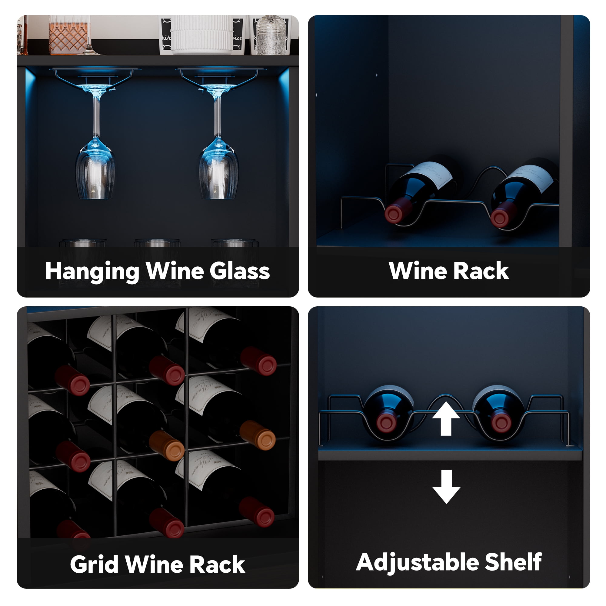 Homieasy Assembled Wine Bar Cabinet with Power Outlet and LED Lights, Wood Black