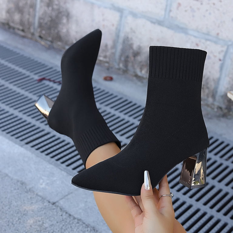 Mepaouo Women Black Knit Sock Booties Pointed Toe Block Heel Chic Size 9.5 main image 1